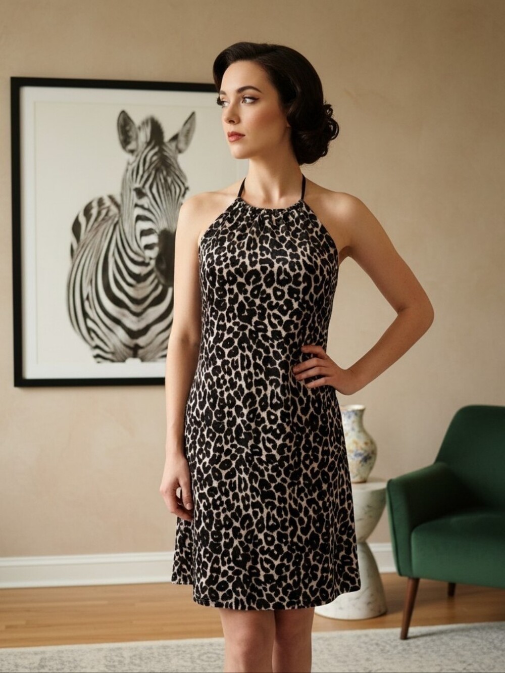 Wild Fable Velour Leopard Print Soft Stretch Tie Neck Halter Mini Dress Size XL